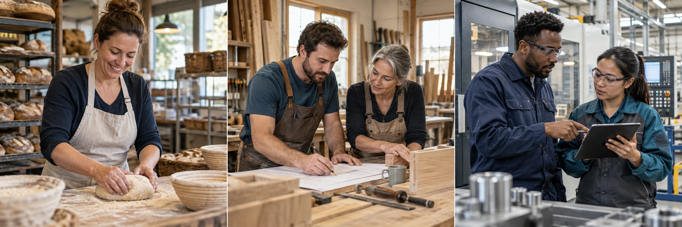 Bäckerin in der Backstube, Team in einer Holzwerkstatt und Fachkräfte in einer modernen Produktion